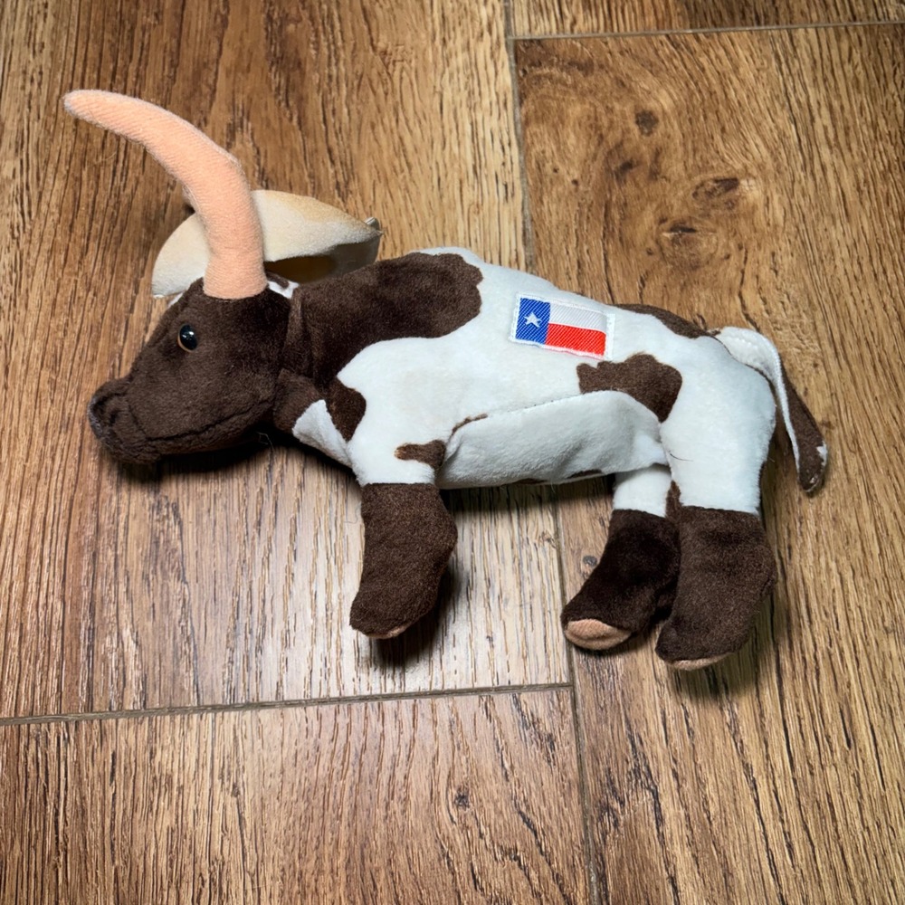 Texas Longhorn Plush Bull Brown White Spotted Texas Flag Cowboy Hat 8 Inch
